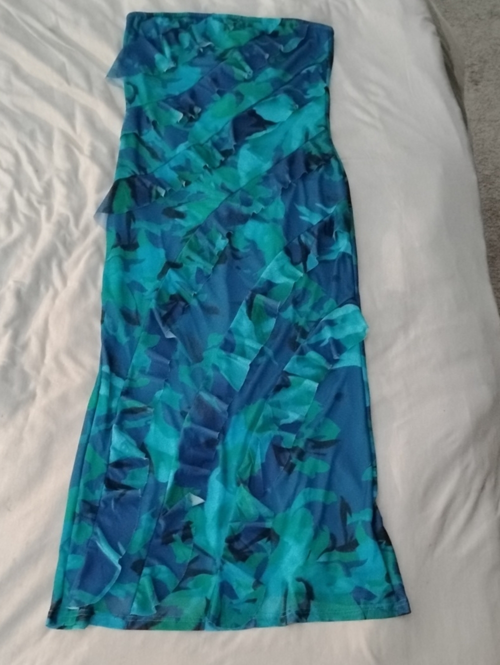 Strapless Ruffle Midi Dress in Teal and Blue